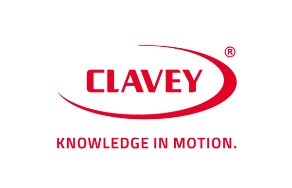 Logo von CLAVEY in roter Schrift mit dem Slogan "KNOWLEDGE IN MOTION"'