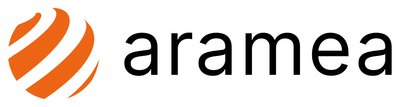 Das Logo von „aramea“ besteht aus einem stilisierten, orangefarbenen Globus mit geschwungenen weißen Linien, die ihn durchziehen. Rechts neben dem Globus steht der Schriftzug „aramea“ in einer modernen, schwarzen, serifenlosen Schrift. Das Design wirkt dynamisch und global ausgerichtet.