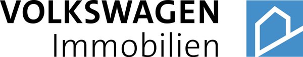 Logo von Volkswagen Immobilien. Links steht der Schriftzug „VOLKSWAGEN Immobilien“ in schwarzer Schrift. Rechts daneben befindet sich ein blaues Quadrat mit einem stilisierten weißen Hausumriss.