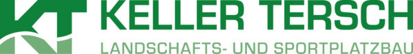 Logo von Keller Tersch mit grünen Berg und Text "Keller Tersch Landschafts- und Sportplatzbau" in Weiß und Grün auf schwarzem Hintergrund.