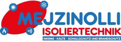 Logo der Firma „Mejzinolli Isoliertechnik“. Der Schriftzug besteht aus „MEJZINOLLI“ in blauer und „ISOLIERTECHNIK“ in roter Schrift. Darüber liegt ein rotes Oval mit vier Symbolen: Sonne (Wärme), Schneeflocke (Kälte), Flamme (Brandschutz) und Schallwellen (Schallschutz). Unter dem Namen steht in Blau: „Wärme – Kälte – Schallschutz und Brandschutz“.