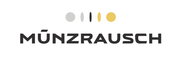 Logo mit dem Schriftzug "MÜNZRAUSCH" in dunkler Schrift und fünf Münzen in Grau, Schwarz und Gold darüber.