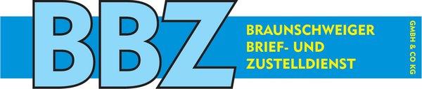Logo der Braunschweiger Brief- und Zustelldienst GmbH & Co KG mit großen hellblauen Buchstaben "BBZ" und gelbem Text auf blauem Hintergrund