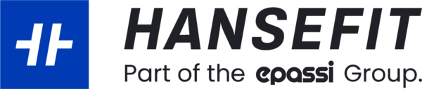 Hansefit Logo mit blauem Quadrat und schwarzem Schriftzug "HANSEFIT Part of the epassi Group".
