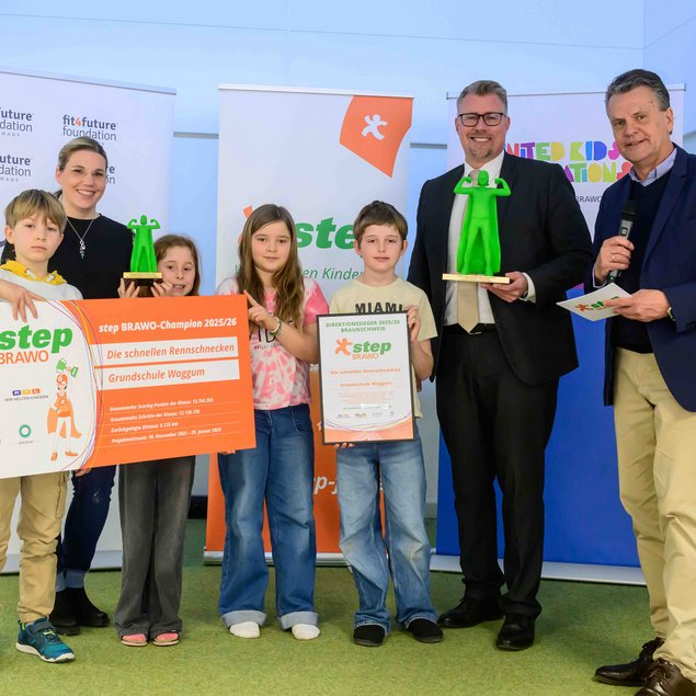 In dem Bild sind mehrere Personen zu sehen, darunter Schüler und Erwachsene, die an einer Preisverleihung teilnehmen. Die Gruppe hält Schilder und Trophäen in Form von grünen Figuren. Im Hintergrund sind Banner mit dem Logo der "fit4future foundation" und "step BRAVO" sichtbar. Alle Anwesenden lächeln und wirken zufrieden, während ein Mann mit einem Mikrofon spricht. Der Preis wird von der Grundschule Waggum gewonnen, erkennbar an den Schildern, die detaillierte Informationen zum Wettbewerb enthalten.