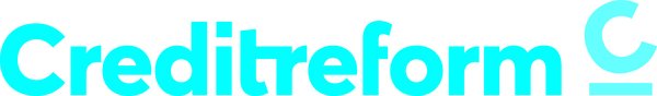Creditreform Schriftzug in cyanblauer Farbe auf weißem Hintergrund.