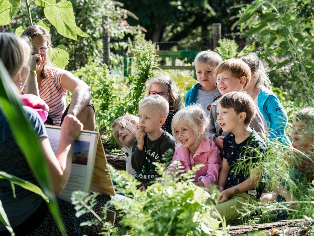 Person erklärt anhand einer Tafel einer Gruppe Kinder etwas, inmitten der grünen Natur.
