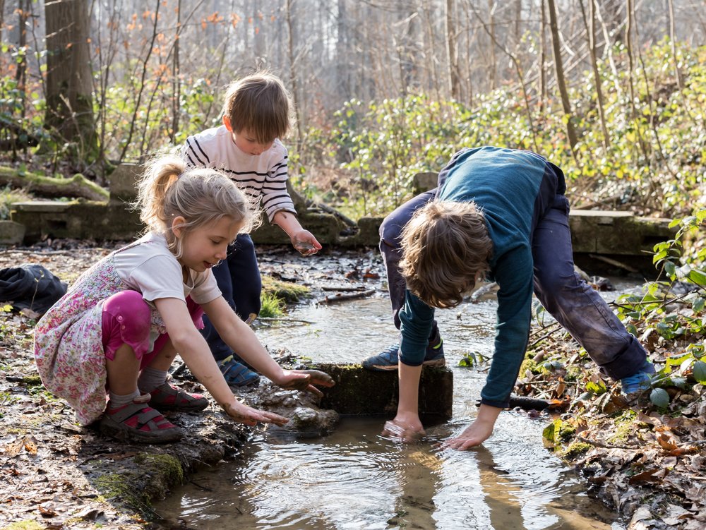 Drei Kinder spielen an einem Bach, umgeben von Wald.