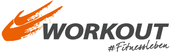 Das Bild zeigt das Logo mit dem Schriftzug "WORKOUT" und dem Hashtag "#Fitnessleben", daneben orangefarbene Pinselstriche.