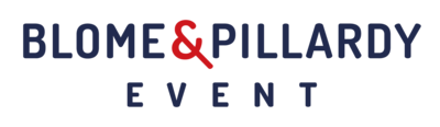 Logo von Blome & Pillardy Event. Oben der Schriftzug „BLOME & PILLARDY“ in dunkelblauer Großschrift, wobei das „&“-Zeichen auffällig in Rot dargestellt ist. Darunter steht das Wort „EVENT“ ebenfalls in dunkelblauer Schrift mit großzügigem Buchstabenabstand.