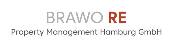 Das Bild zeigt das Logo der BRAWO RE Property Management Hamburg GmbH mit grauem und rotem Text.