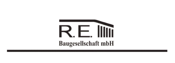 Logo der R.E. Baugesellschaft mbH mit Dach und Säulen.