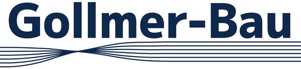 Das Bild zeigt das Logo von Gollmer-Bau in dunkelblauer Schrift auf weißem Hintergrund mit stilisierten Linien darunter.