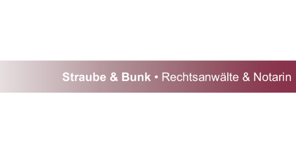Logo von Straube & Bunk mit dem Text 'Rechtsanwälte & Notarin' auf einem verlaufenden Hintergrund von hellrosa zu dunkelrot.